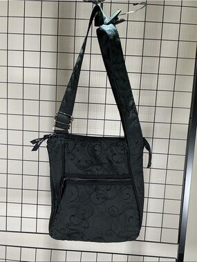 Thirty-One Black Embroidered Crossbody Bag Organizer Travel Everyday